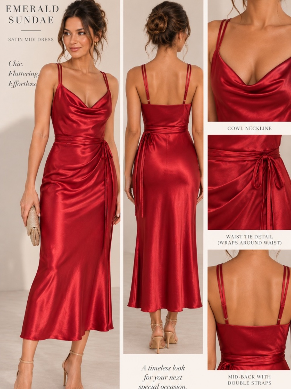 Red Satin Cowl Neck Midi Dress with Wrap Waist Tie – Size Medium
